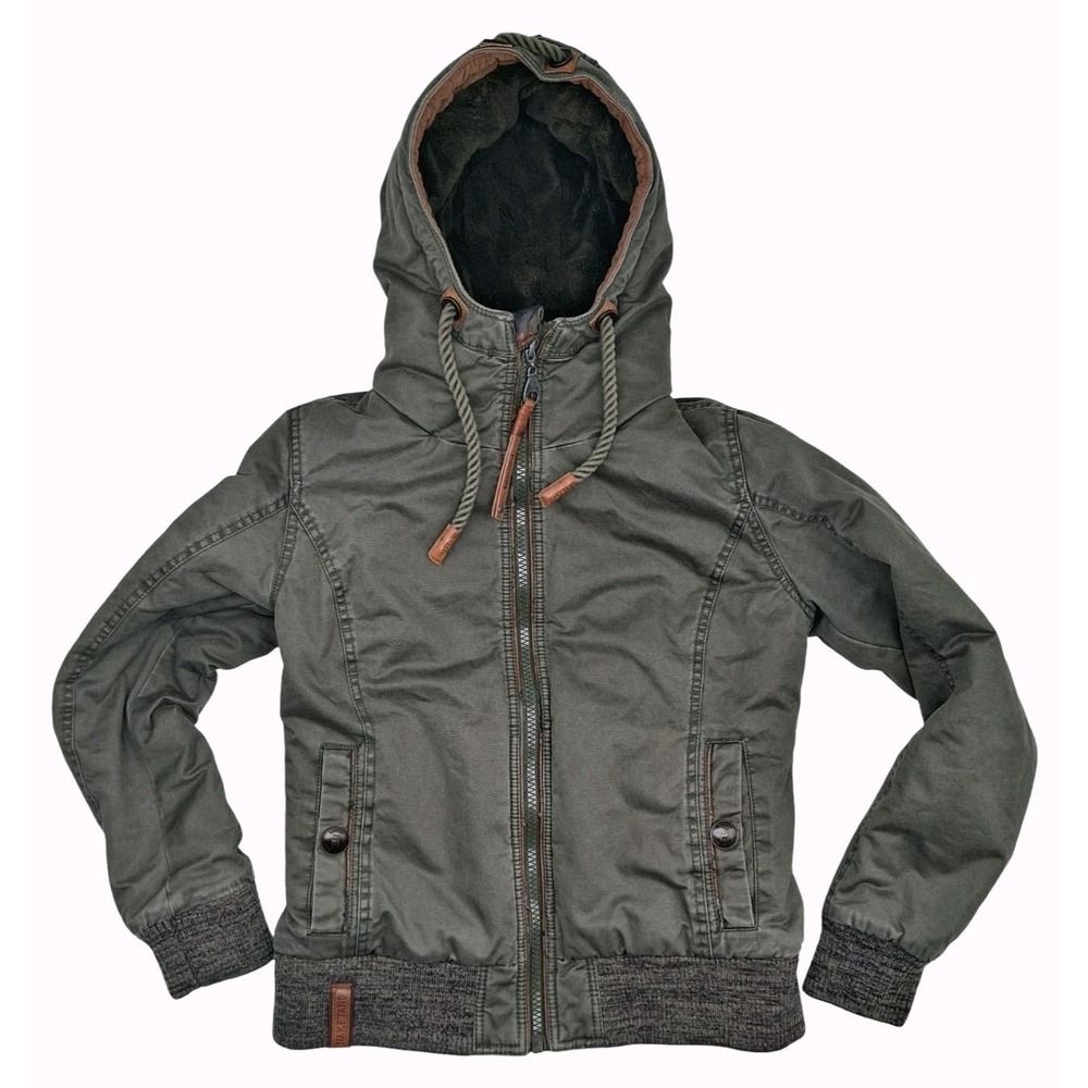 Naketano Bomber Jacket Mens Medium Green Hooded Fleece Lined Canvas Zip Winter